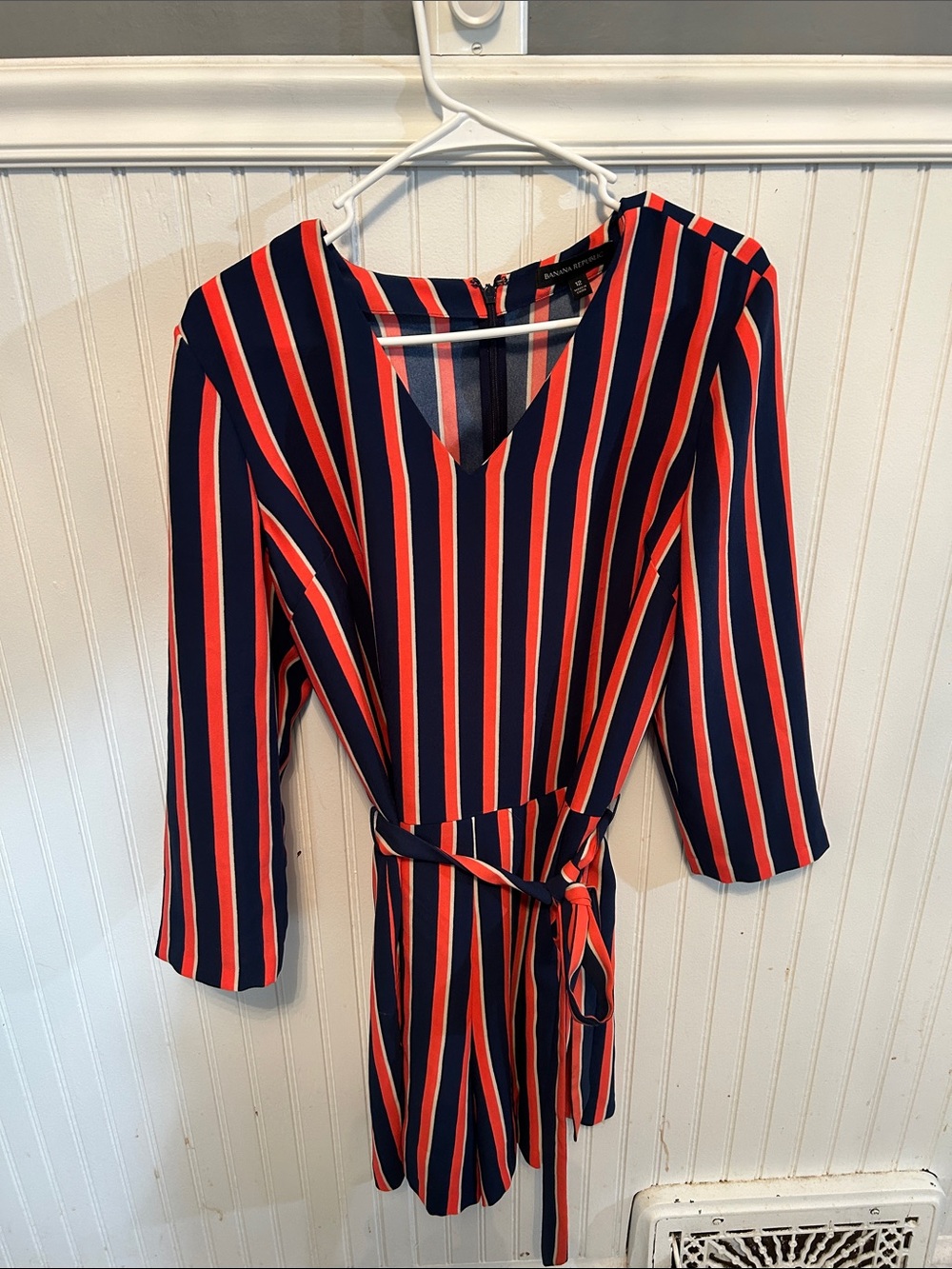Banana Republic Navy and Red Striped V-Neck Romper